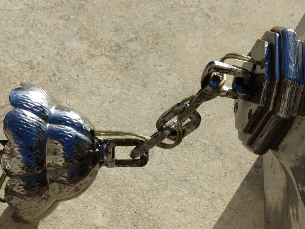 Art Deco Lantern In Wrought Iron And Hammered Curved Glass-photo-4