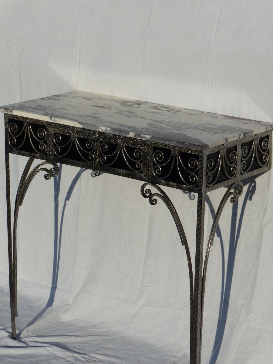Art Deco Console With A Drawer Wrought Iron And Marble -photo-2