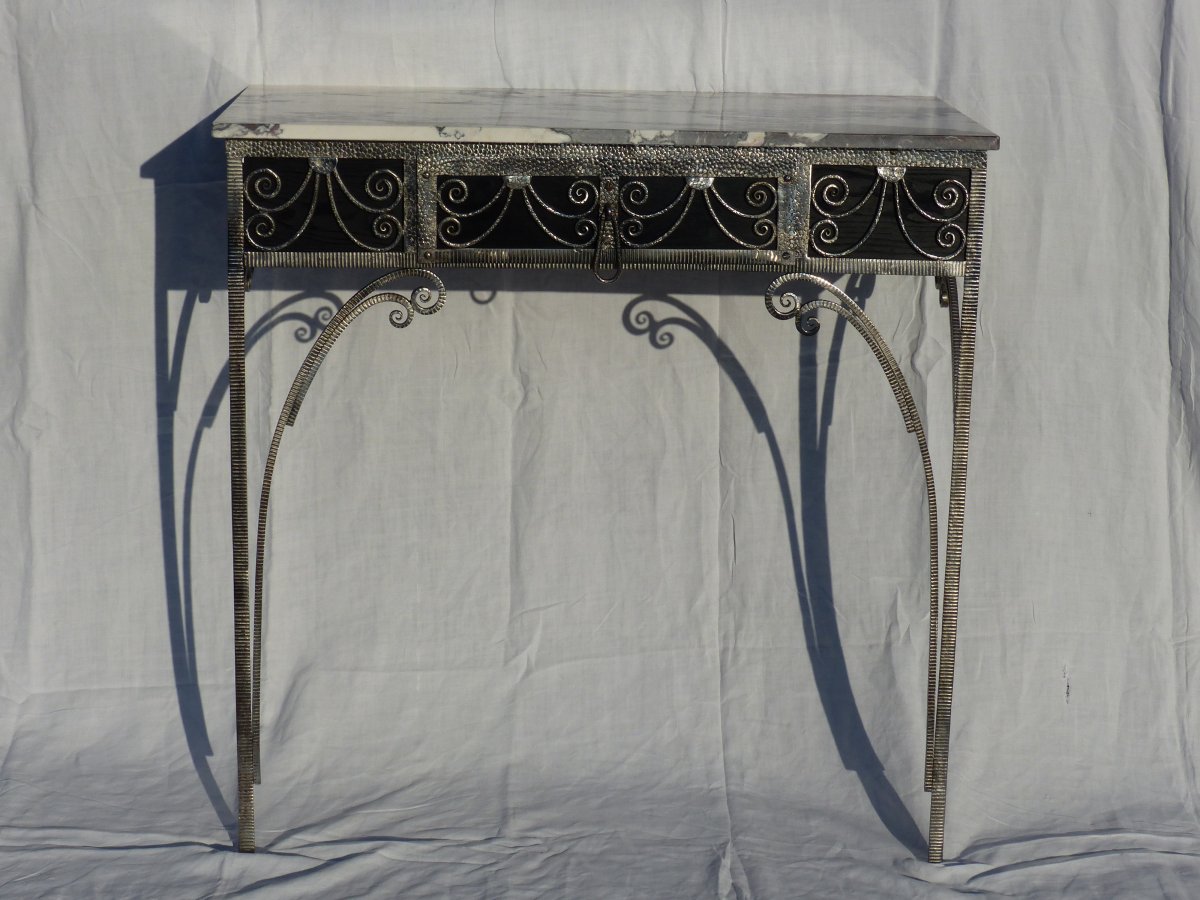 Art Deco Console With A Drawer Wrought Iron And Marble -photo-3
