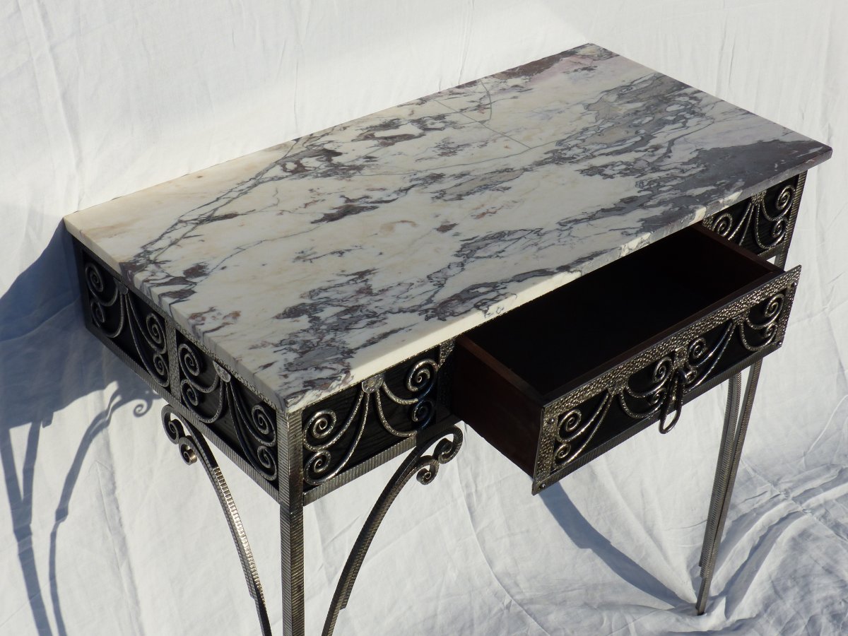 Art Deco Console With A Drawer Wrought Iron And Marble -photo-3