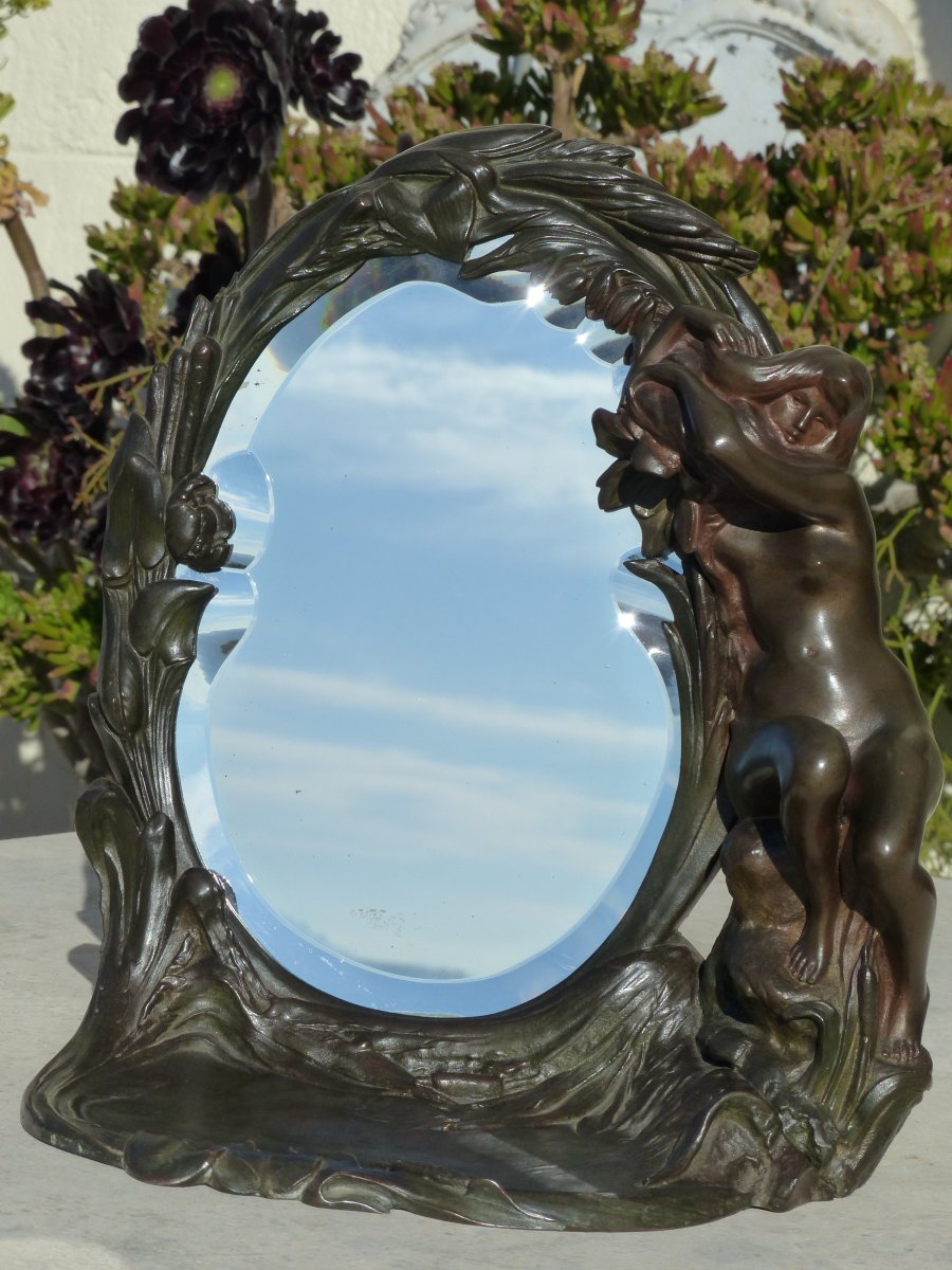 Art Nouveau Bronze Mirror Woman And Flowers-photo-2
