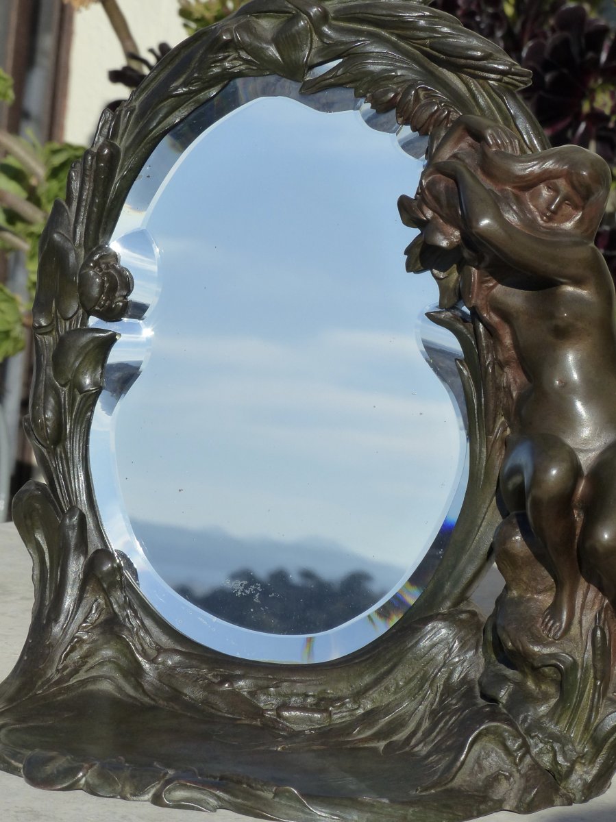 Art Nouveau Bronze Mirror Woman And Flowers-photo-2