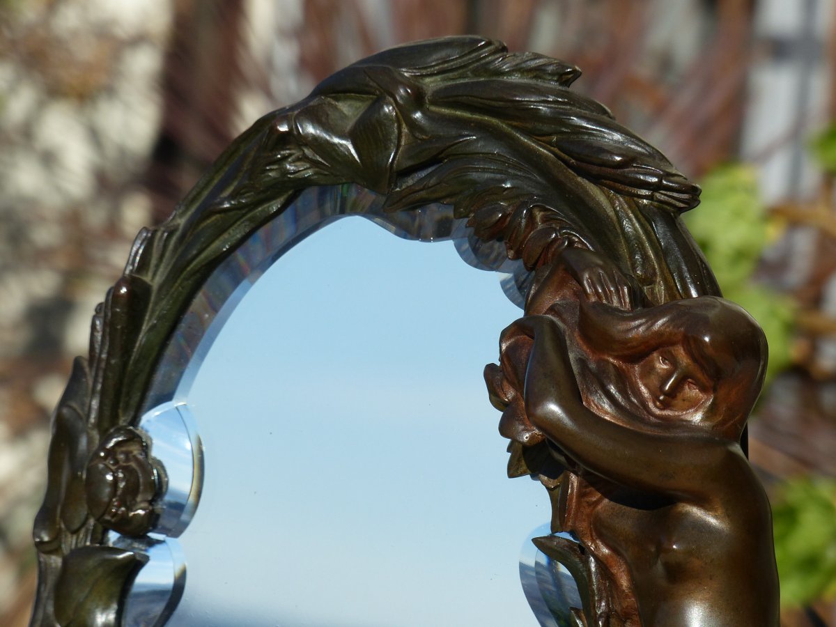 Art Nouveau Bronze Mirror Woman And Flowers-photo-8