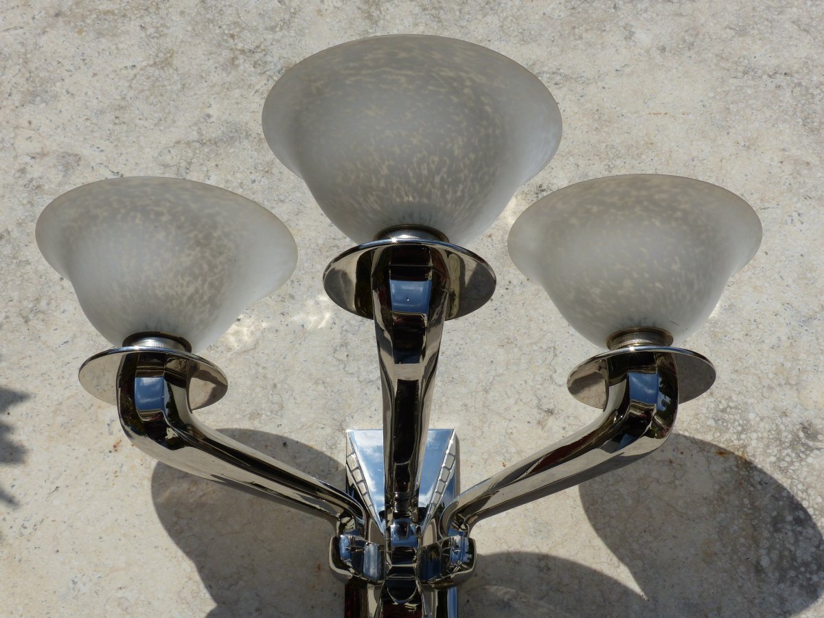 Paire d'Appliques Art Déco 1930 Schneider Bronze Nickelé-photo-2