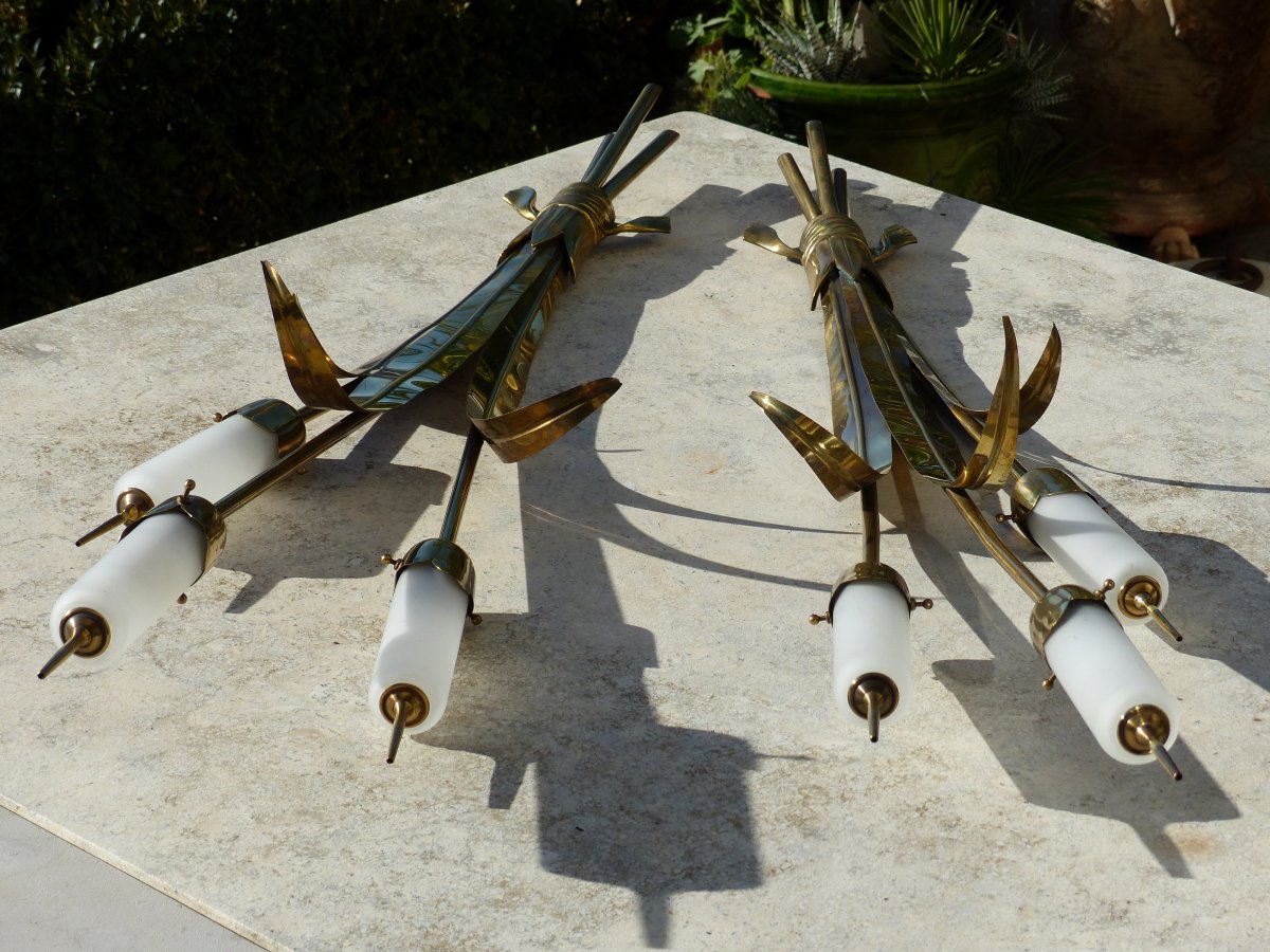 Large Pair Of Wall Lights 1950 In Brass-photo-3