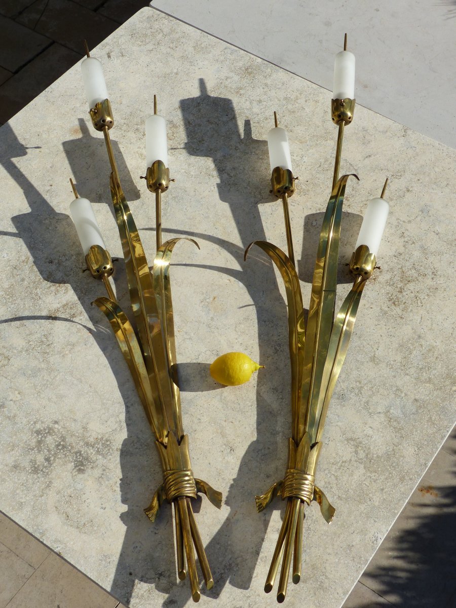 Large Pair Of Wall Lights 1950 In Brass-photo-1