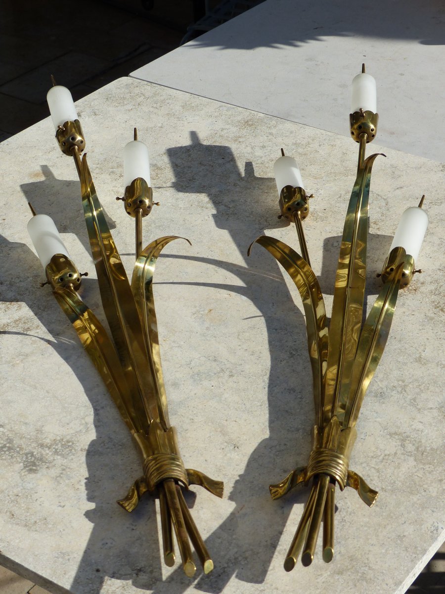 Large Pair Of Wall Lights 1950 In Brass