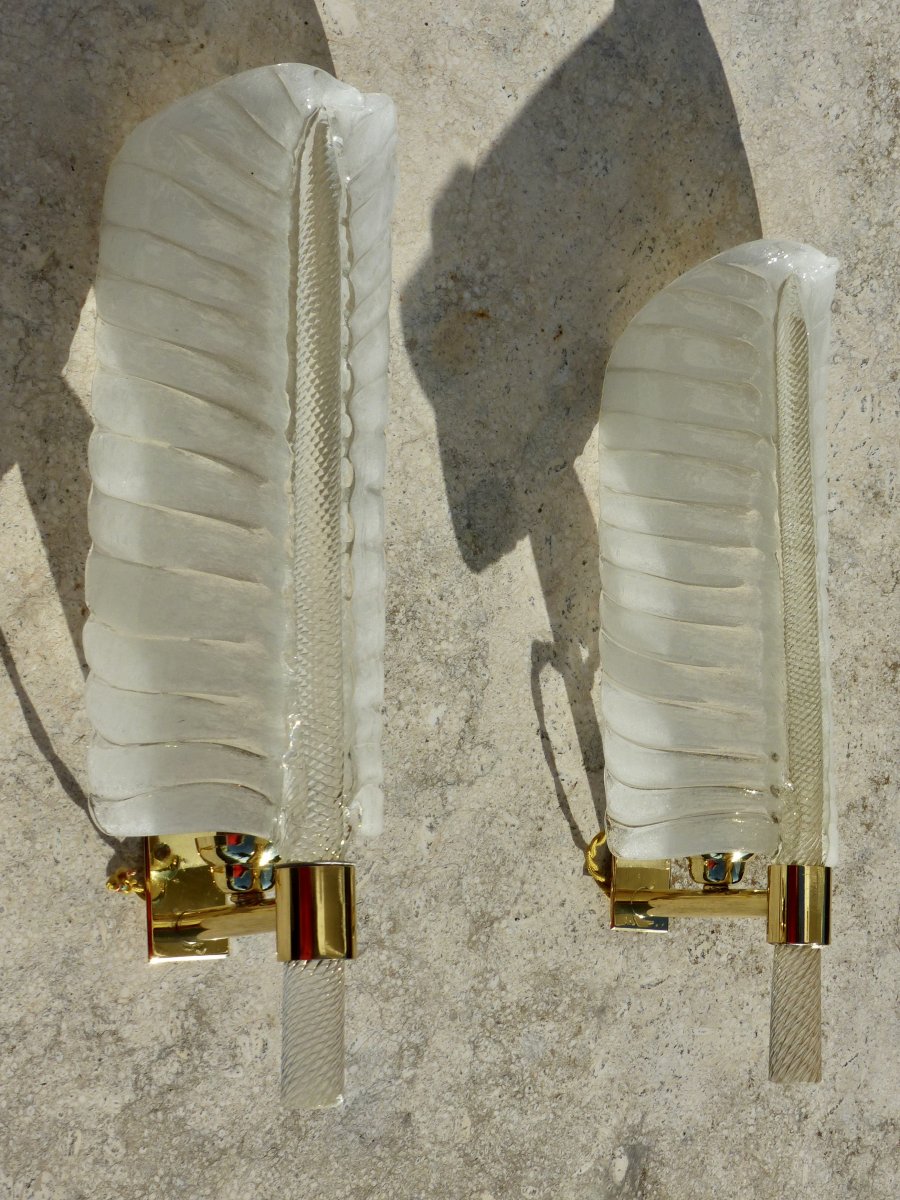 Pair Of Italian Feather Sconces 1960 Murano Venini -photo-2
