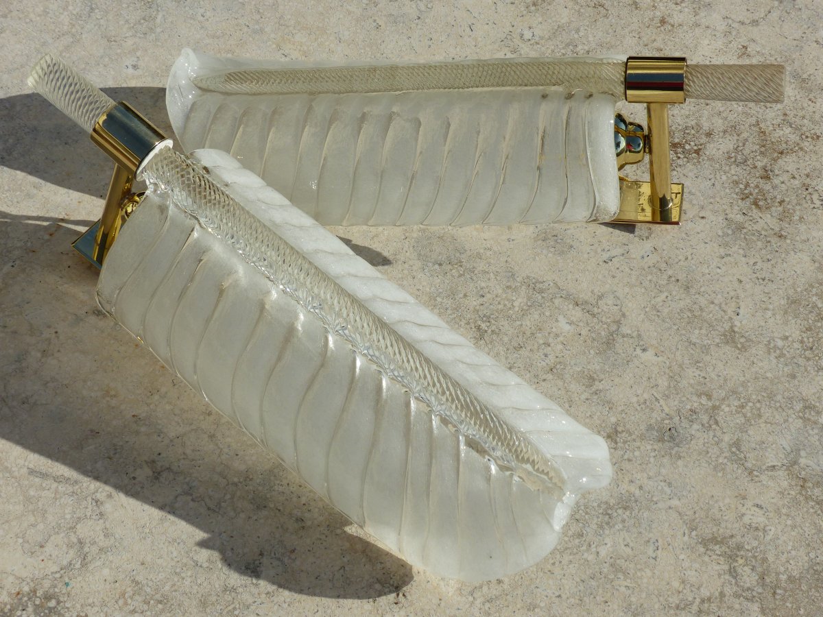 Pair Of Italian Feather Sconces 1960 Murano Venini -photo-6