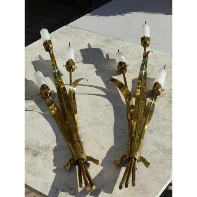 Large Pair Of Wall Lights 1950 In Brass