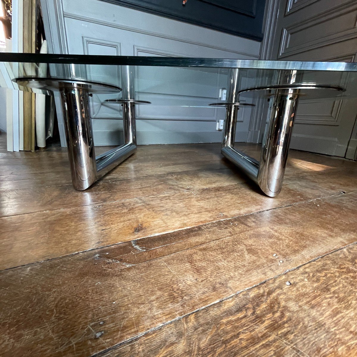 Large Square Coffee Or Salon Table In Chromed Steel, Italian Design, Ca 1970-photo-4