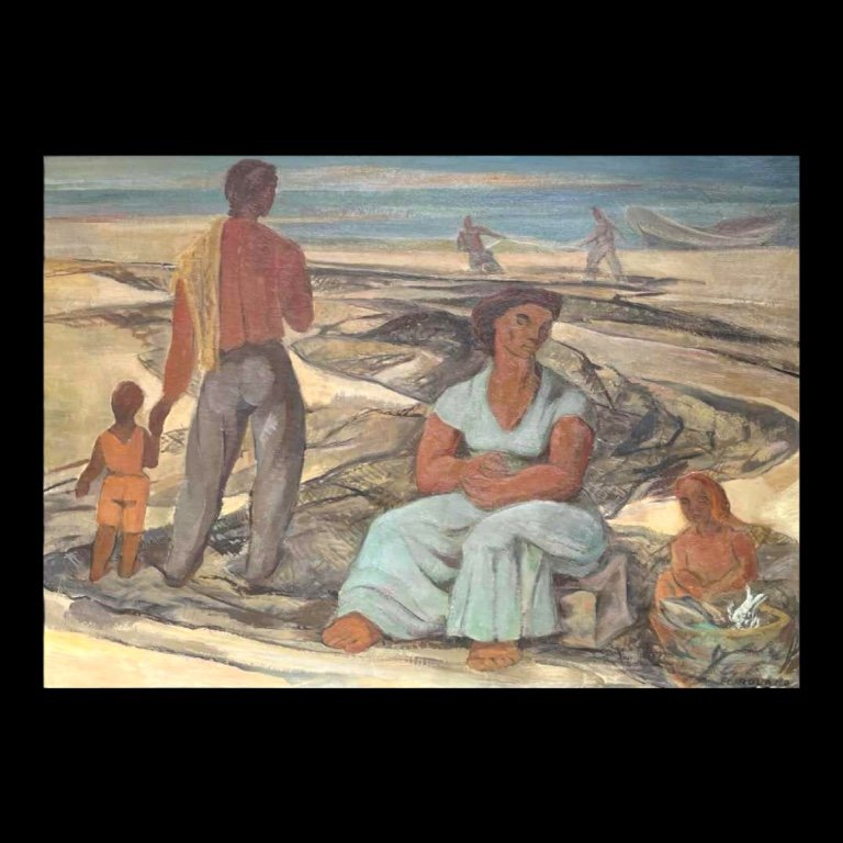 Flory Roland "retour De Pêche" Peinture, Huile Sur Panneau, Ca 1945