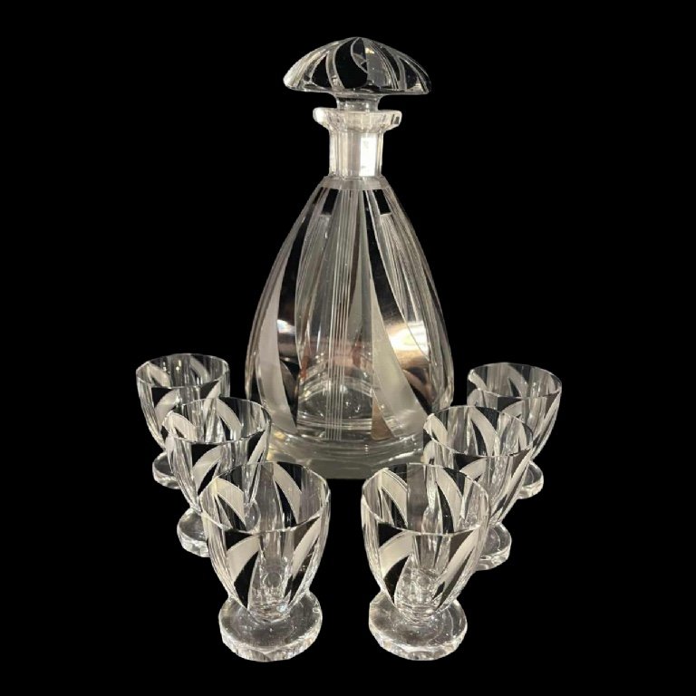 Karl Palda, Service à Liqueur, Carafe & 6 Verres Art Déco, Cristal Doublé Taillé, Décor Cubiste