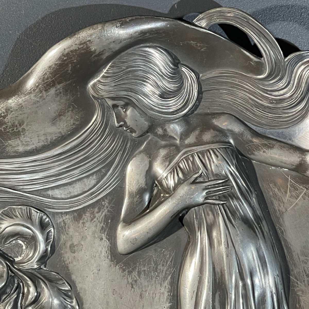 Wmf "woman With Irises" No. 290 Art Nouveau Openwork Tray, Silver-plated Metal, Ca 1906-photo-4