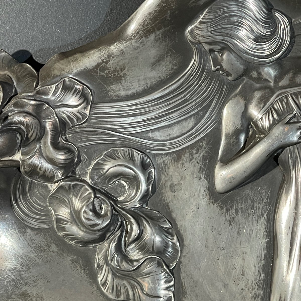 Wmf "woman With Irises" No. 290 Art Nouveau Openwork Tray, Silver-plated Metal, Ca 1906-photo-3
