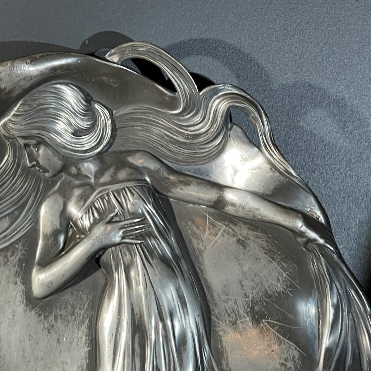 Wmf "woman With Irises" No. 290 Art Nouveau Openwork Tray, Silver-plated Metal, Ca 1906-photo-4