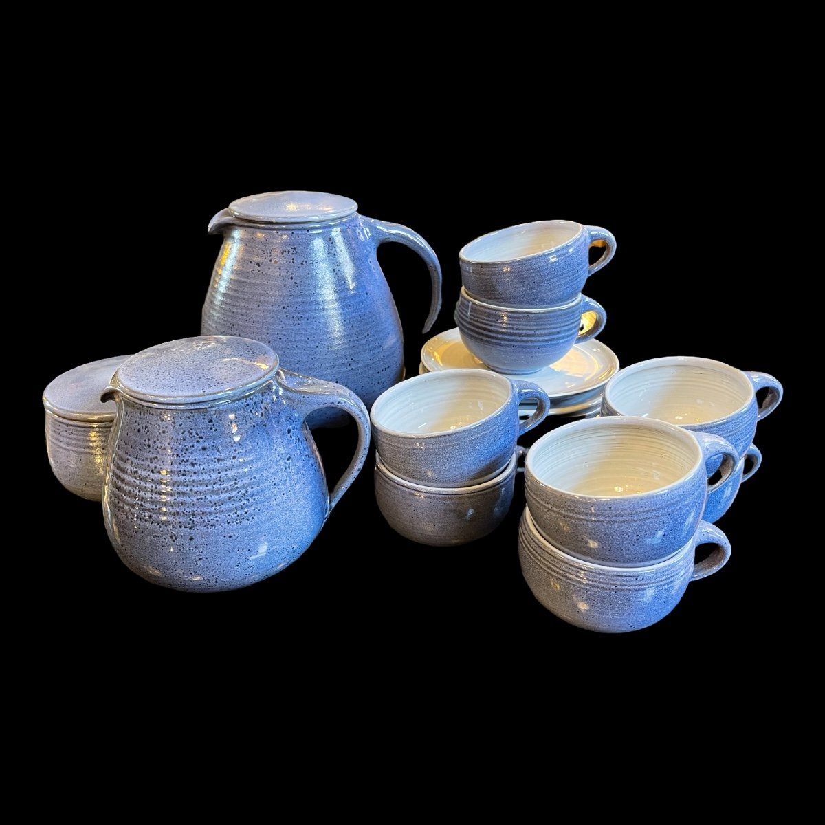Bernard Thiran, Complete Blue Coffee Service In Enamelled Ceramic For 6 People, Ca 1970