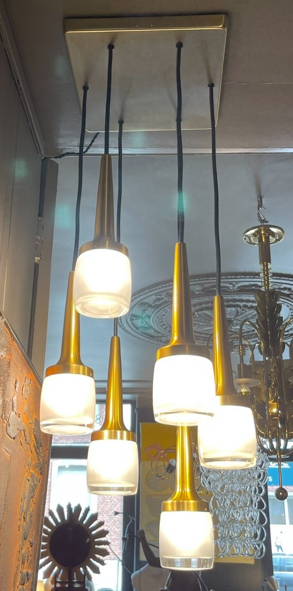 Staff Leuchten, Lustre Cascade 6 éléments, Laiton Et Aluminium Doré, Verre, Ca 1970-photo-1