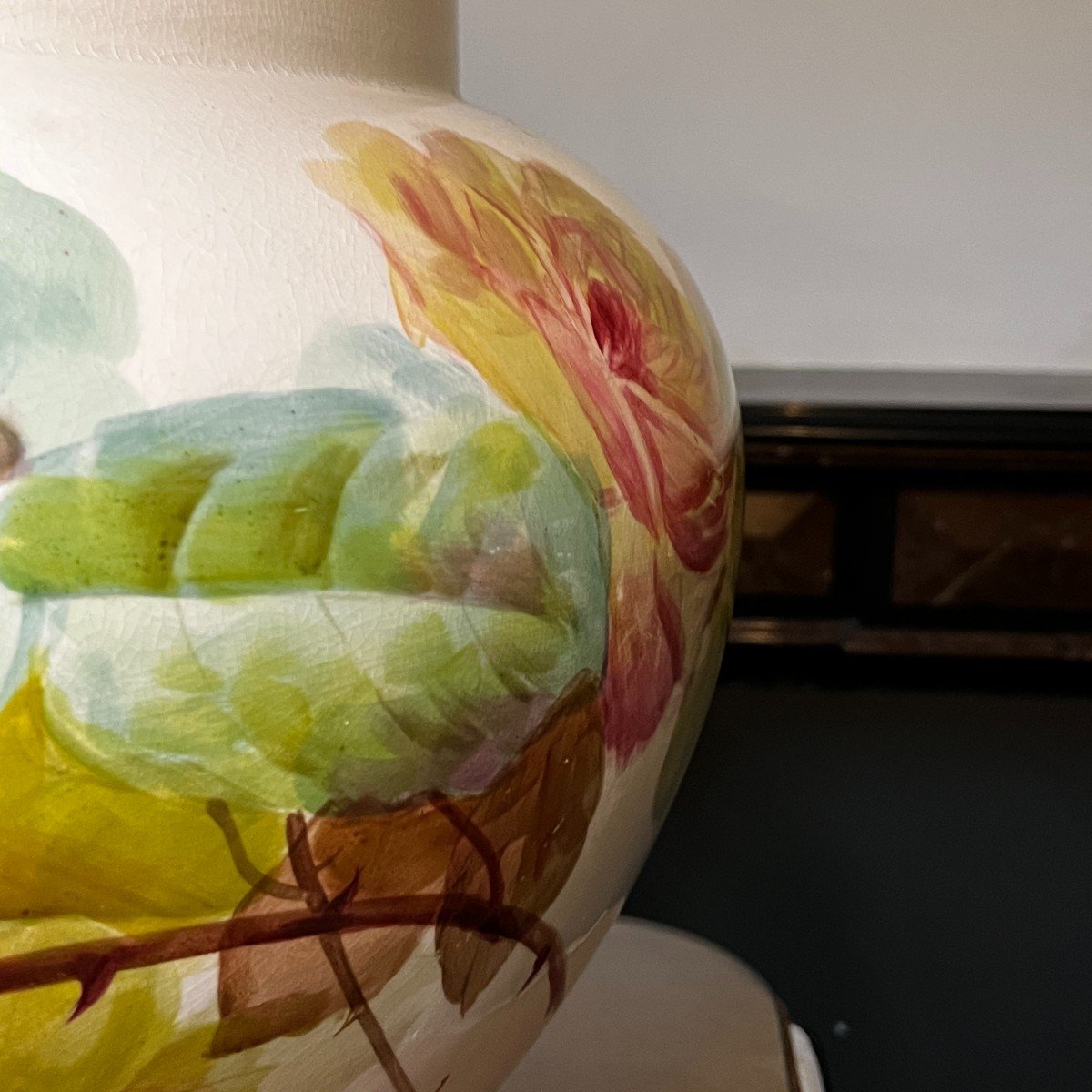 Verbanum Stone Laveno, Large Flowerpot Floral Decor Roses Ceramic Earthenware Faience, Ca 1900-photo-4