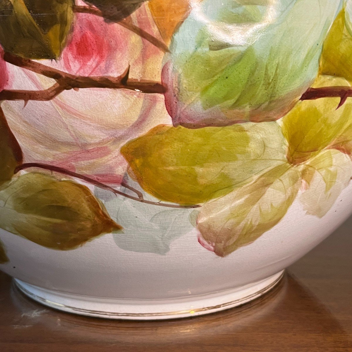 Verbanum Stone Laveno, Large Flowerpot Floral Decor Roses Ceramic Earthenware Faience, Ca 1900-photo-1