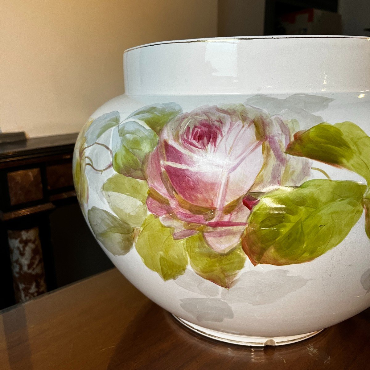 Verbanum Stone Laveno, Large Flowerpot Floral Decor Roses Ceramic Earthenware Faience, Ca 1900-photo-5