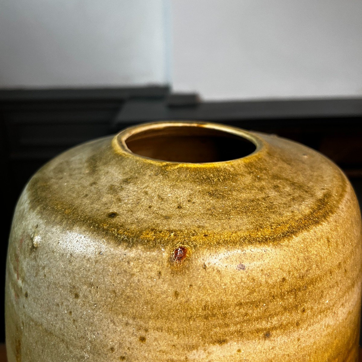 Georges Ponsart, 33cm Yellow Modernist Vase Without Neck,  Salted Stoneware, Bouffioulx Ca 1950-photo-3