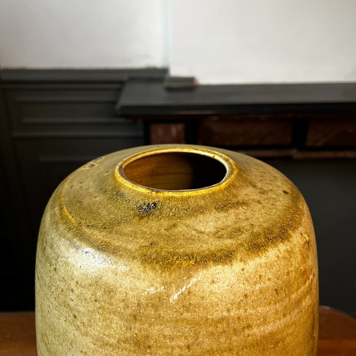 Georges Ponsart, 33cm Yellow Modernist Vase Without Neck,  Salted Stoneware, Bouffioulx Ca 1950-photo-1
