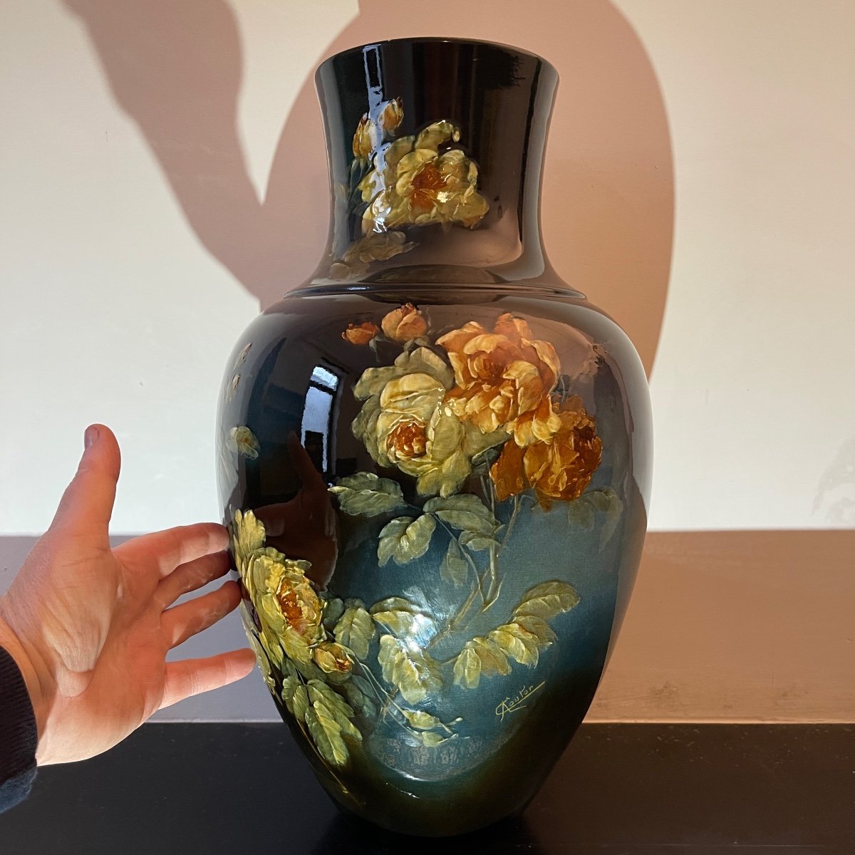 Large Impressionist Art Nouveau Ceramic Vase, Barbotine Floral Decor With Roses, Ca 1900-photo-2