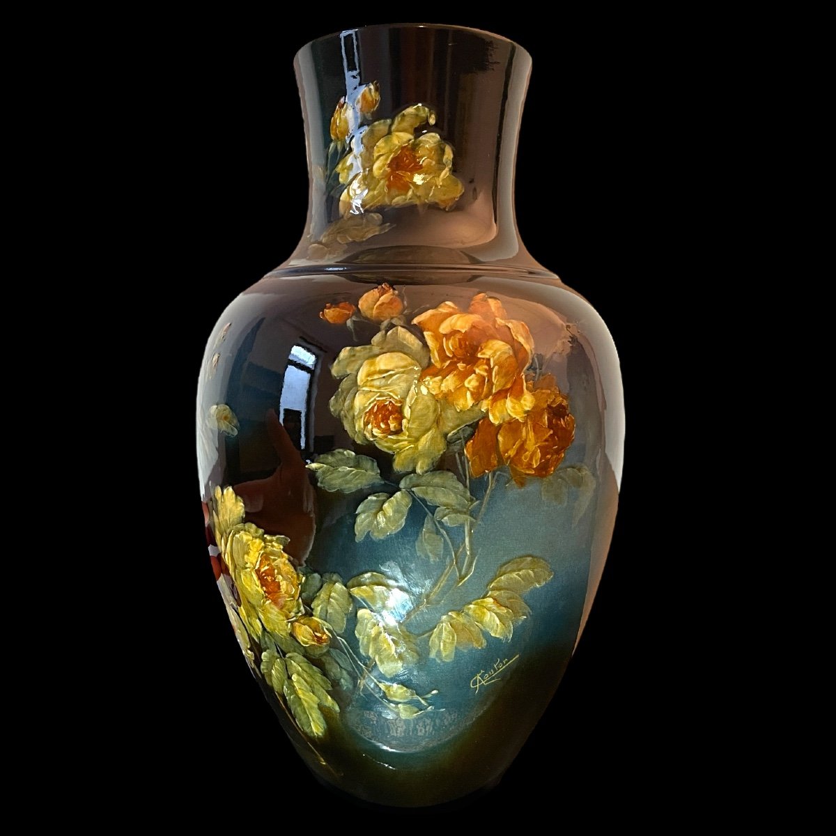 Large Impressionist Art Nouveau Ceramic Vase, Barbotine Floral Decor With Roses, Ca 1900