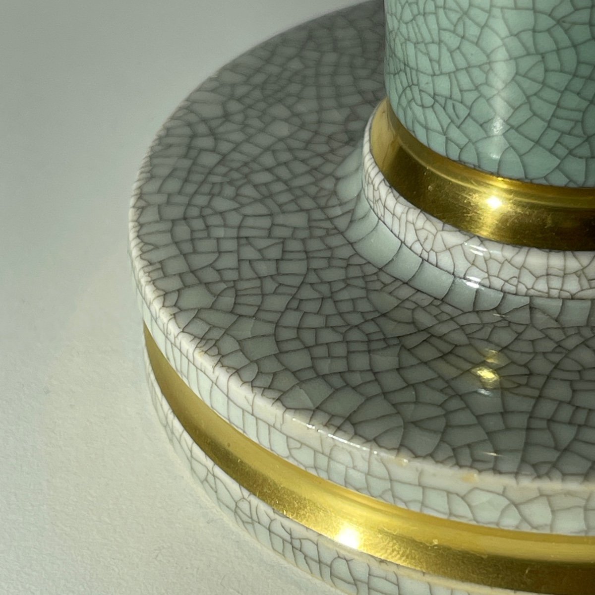 Royal Copenhagen Denmark, Paire De Bougeoirs Art Déco, Céramique Polychrome Craquelé Vert /doré-photo-3