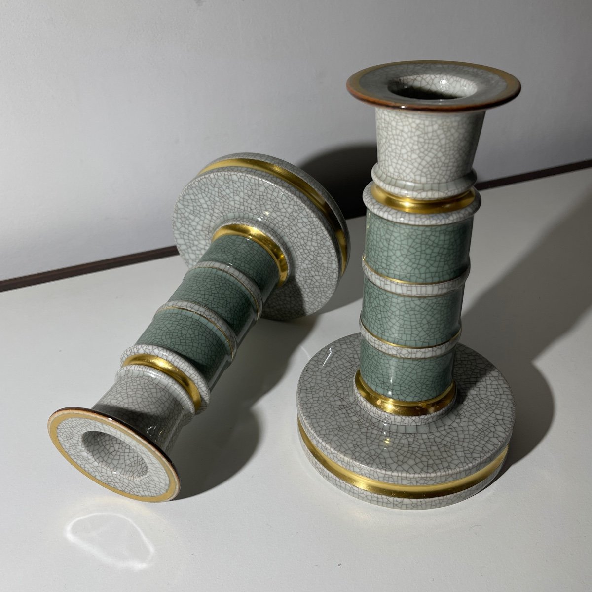 Royal Copenhagen Denmark, Paire De Bougeoirs Art Déco, Céramique Polychrome Craquelé Vert /doré-photo-4
