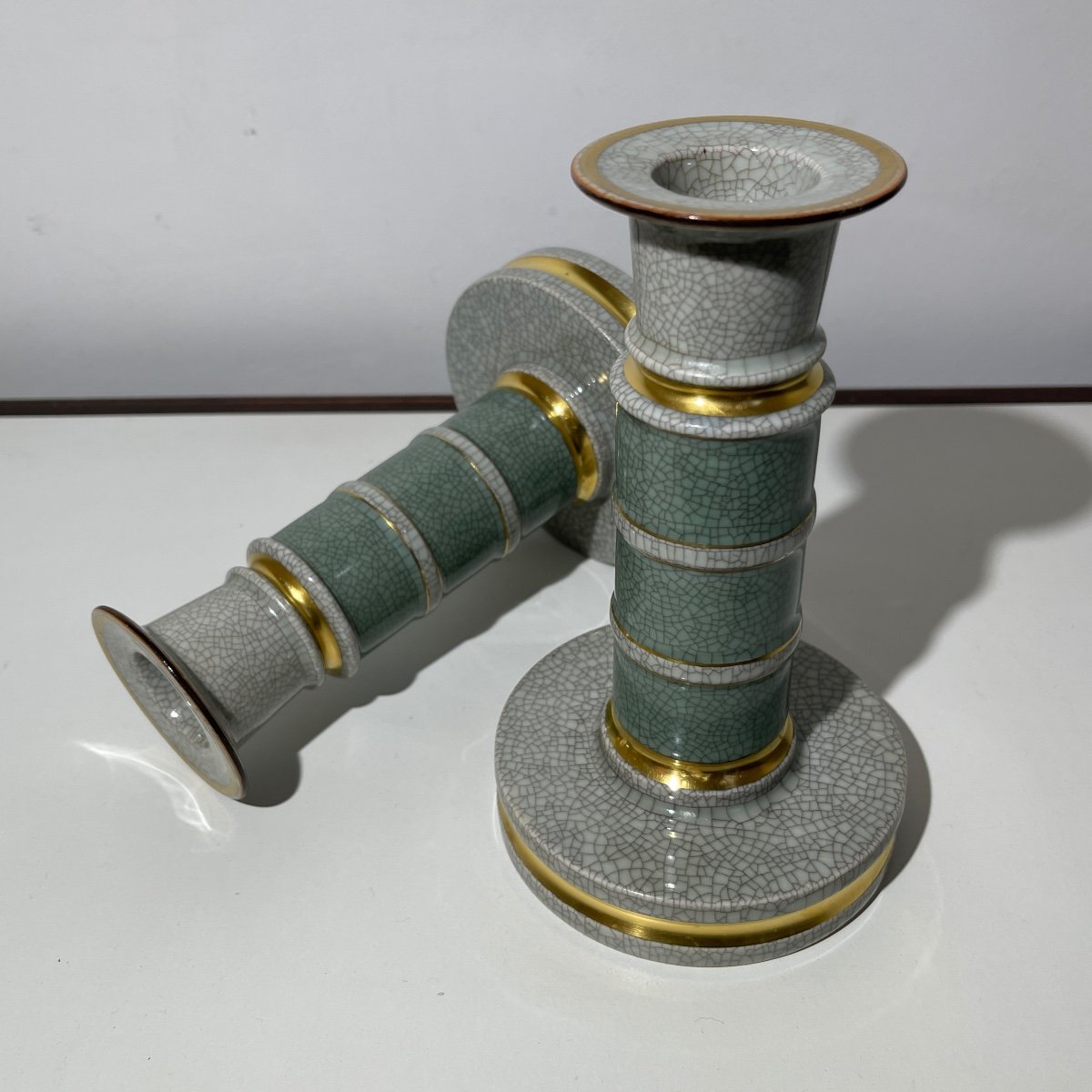 Royal Copenhagen Denmark, Paire De Bougeoirs Art Déco, Céramique Polychrome Craquelé Vert /doré-photo-8