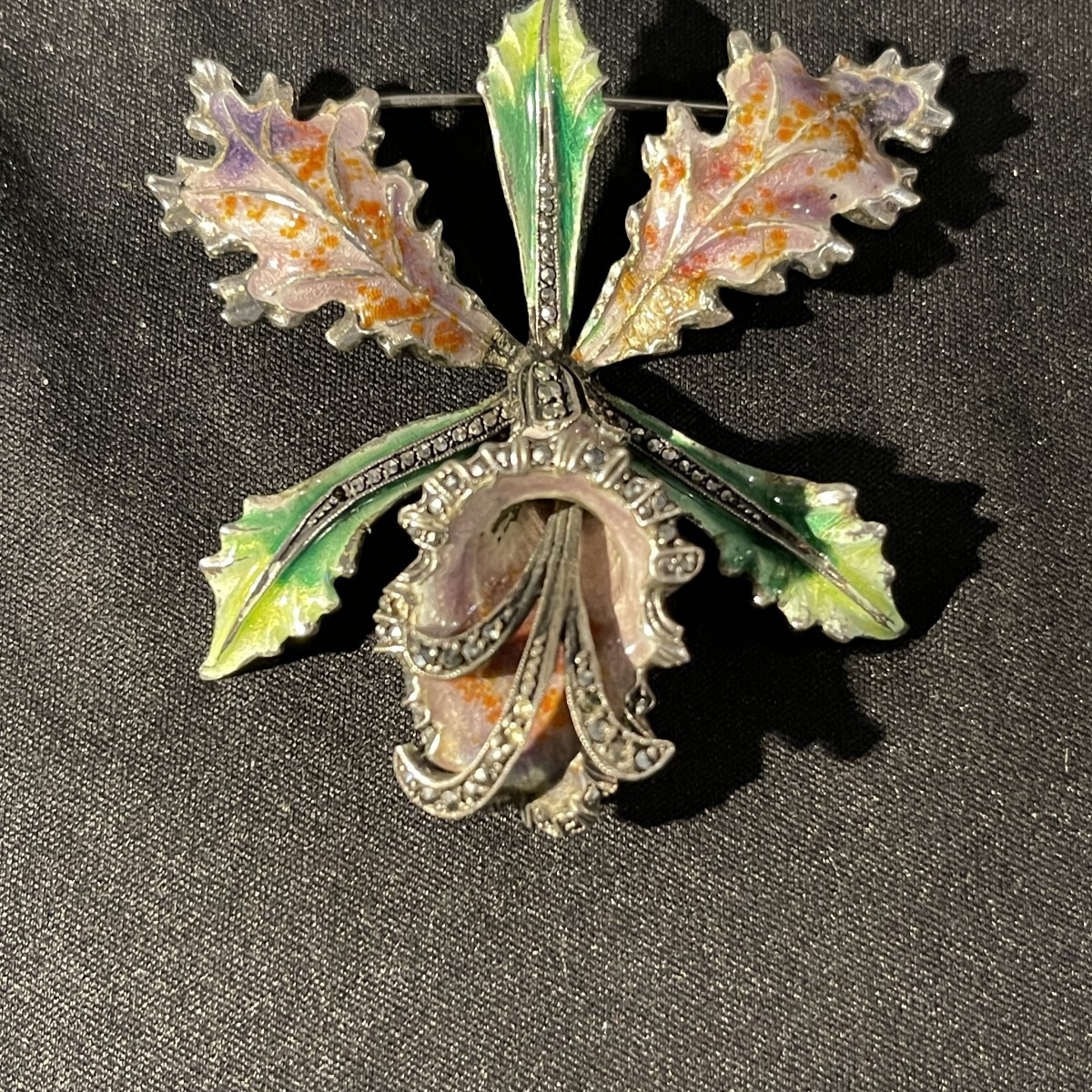 Broche ' Fleur Orchidée Ou Iris ' En Argent Massif émaillé, Milieu 20ème Siècle-photo-2