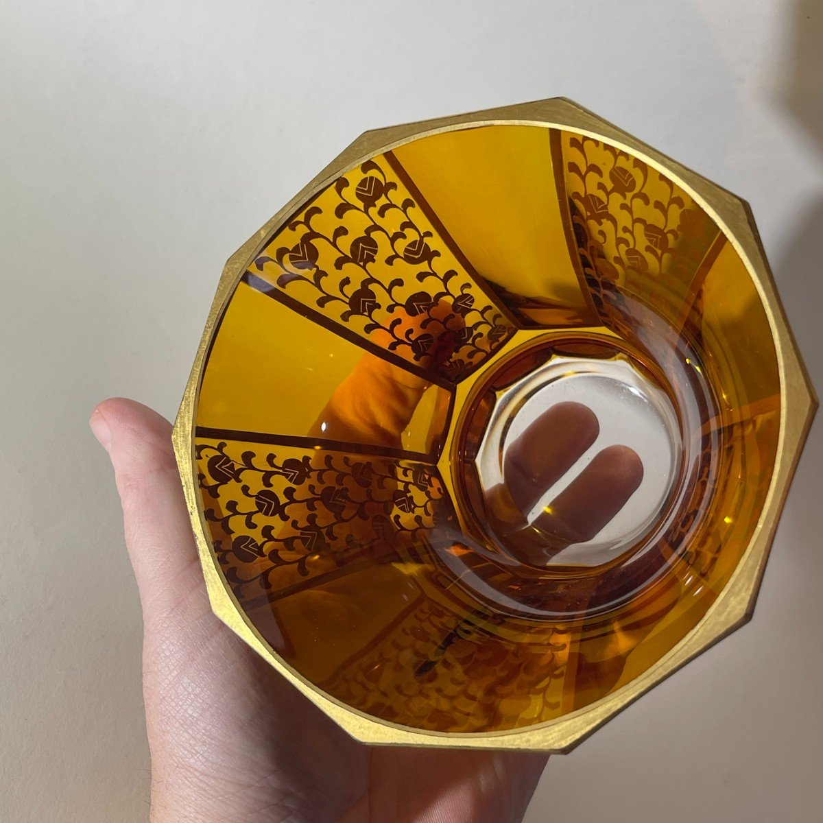 Moser Karlsbad, Vase Art Déco Moderniste, Cristal Taillé Géométrique Couleur Topaze, 1930-photo-5