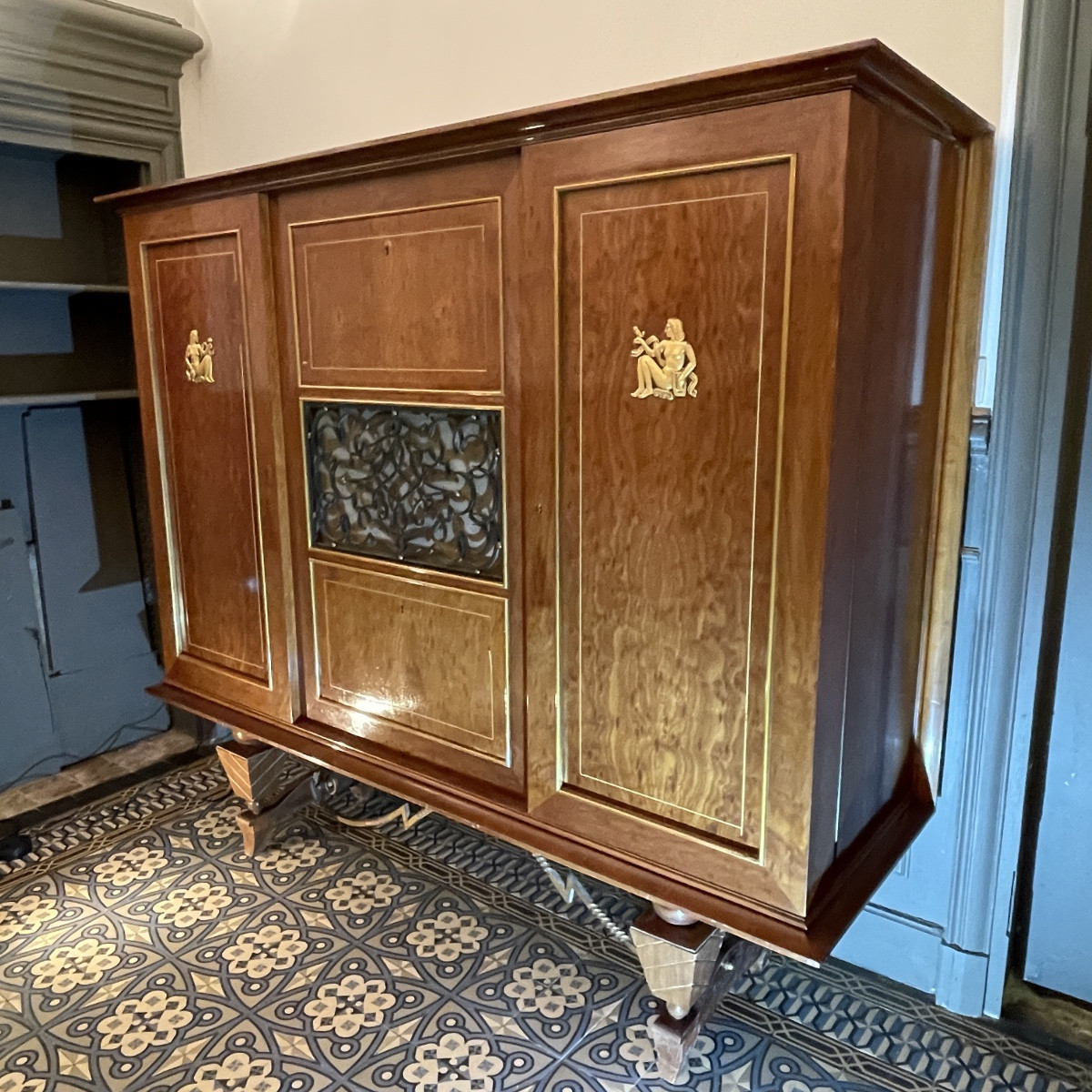 Meuble Dressoir Ou Bar Art Déco, Divers Placages, Bronze Et Ferronneries, Ca 1930-1940-photo-2
