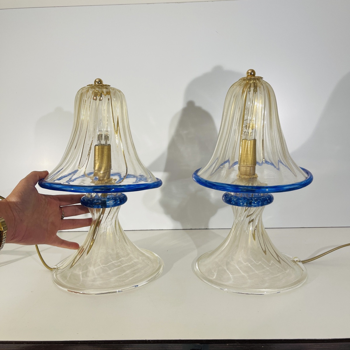 Barovier & Toso In Murano, Pair Of Hollywood Regency 'mushroom' Lamps, Gold Glitter Glass, -photo-2