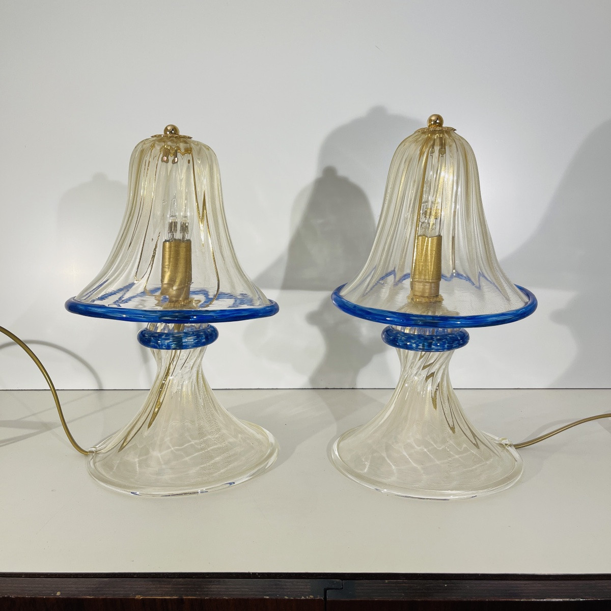 Barovier & Toso In Murano, Pair Of Hollywood Regency 'mushroom' Lamps, Gold Glitter Glass, -photo-8