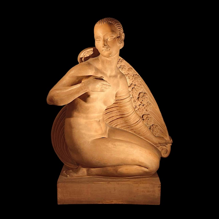 Joe Descomps Cormier 'femme Nue Agenouillée Au Drapé" Sculpture Art Déco En Terre Cuite, 1910