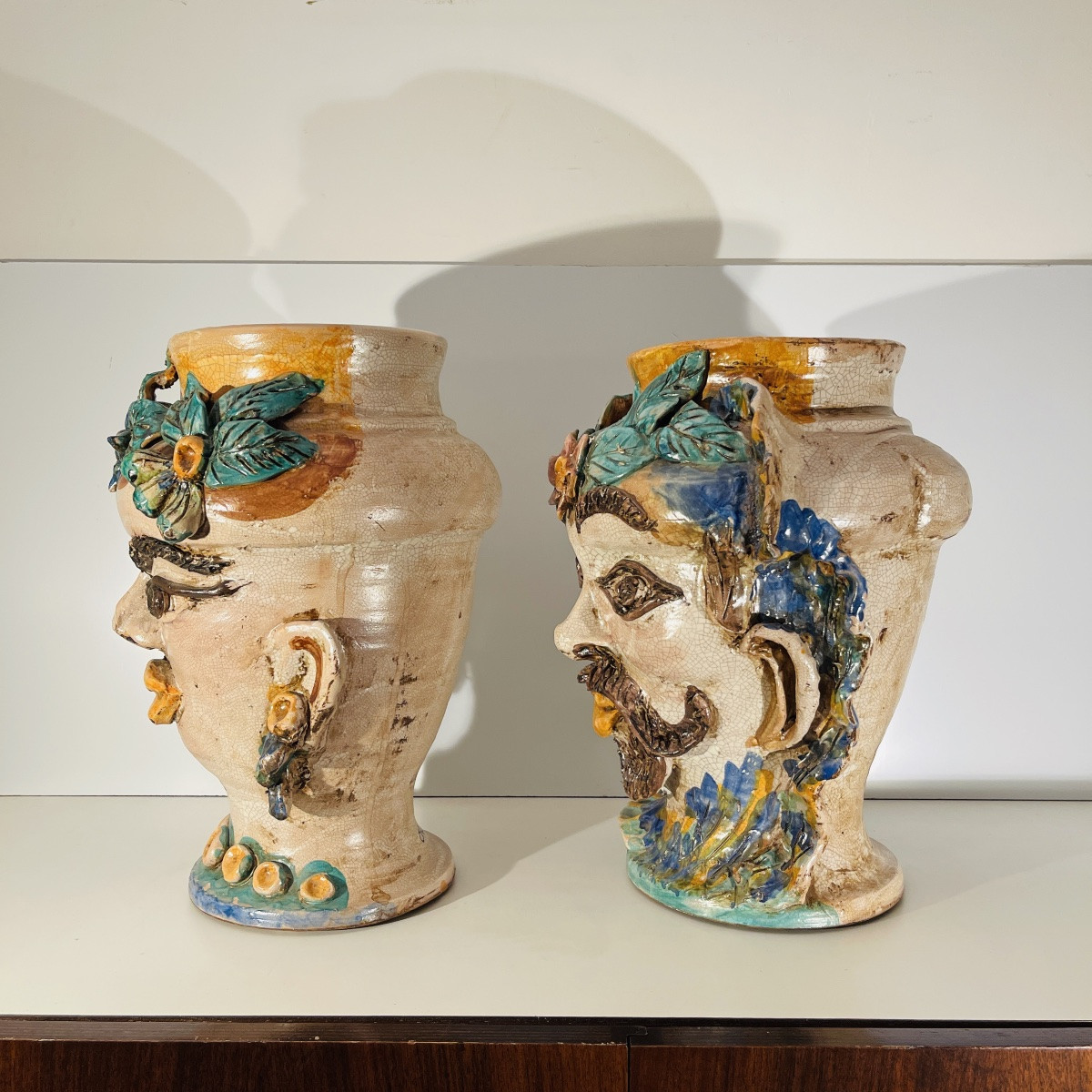 Caltagirone Sicilia "moor's Head" Ceramic (clay) Planters Vases, Italy Mid 20th Century -photo-5