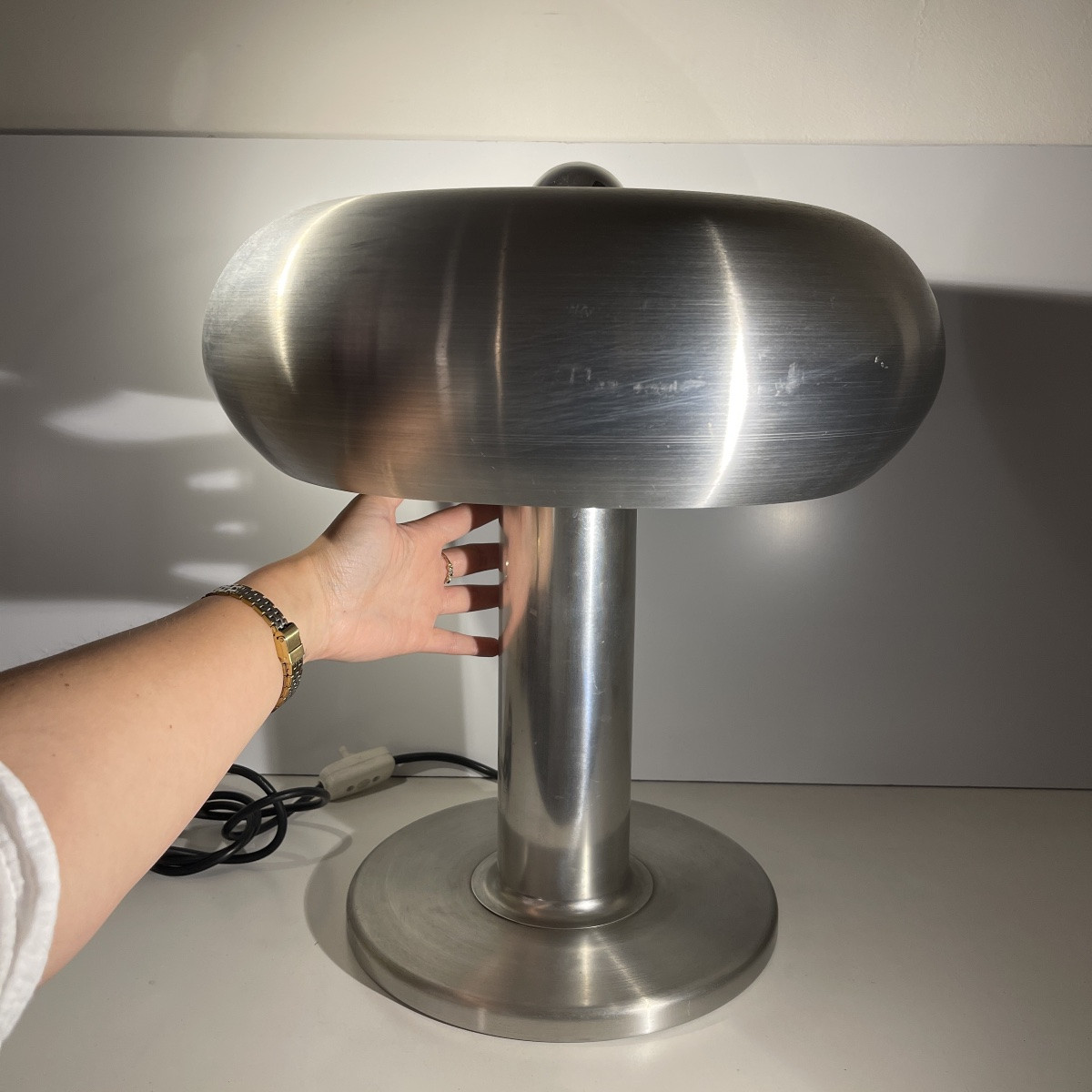Walter Donner (attr) Pour Doria, Lampe 'donut' Aluminium Brossé, Design Space Age, Ca 1960-photo-2