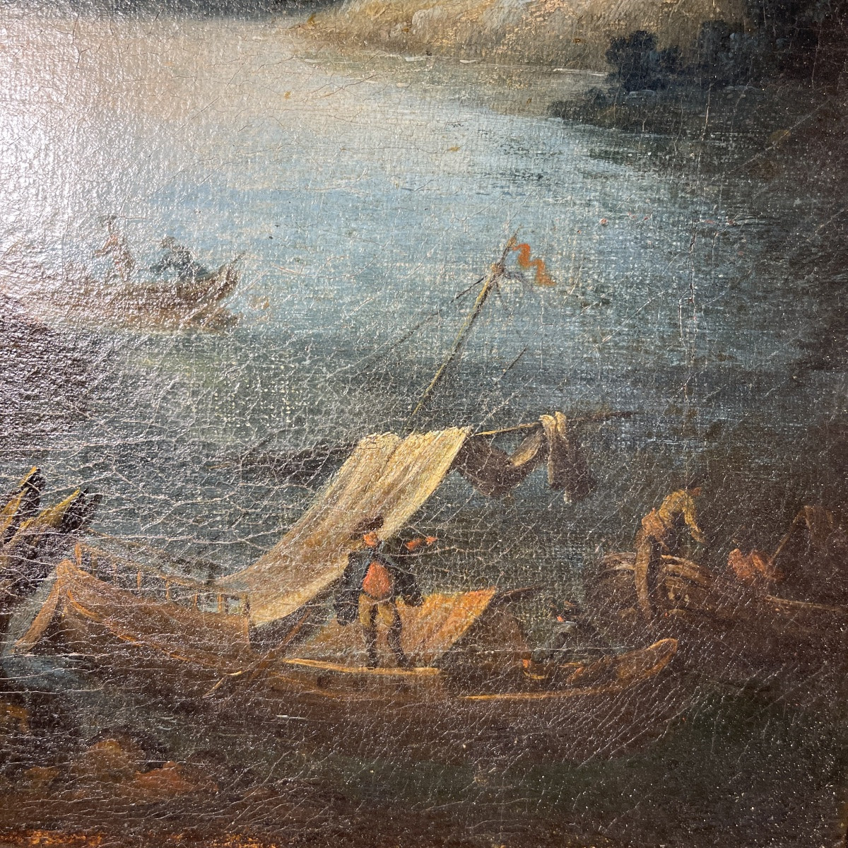 École italienne "Paysage lacustre, forêt animée de personnages" tableau huile sur toile, XVIIIe-photo-2