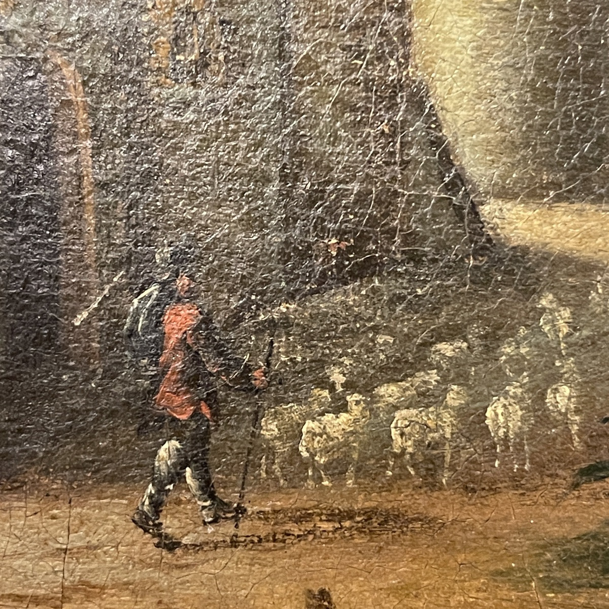 École italienne "Paysage lacustre, forêt animée de personnages" tableau huile sur toile, XVIIIe-photo-3