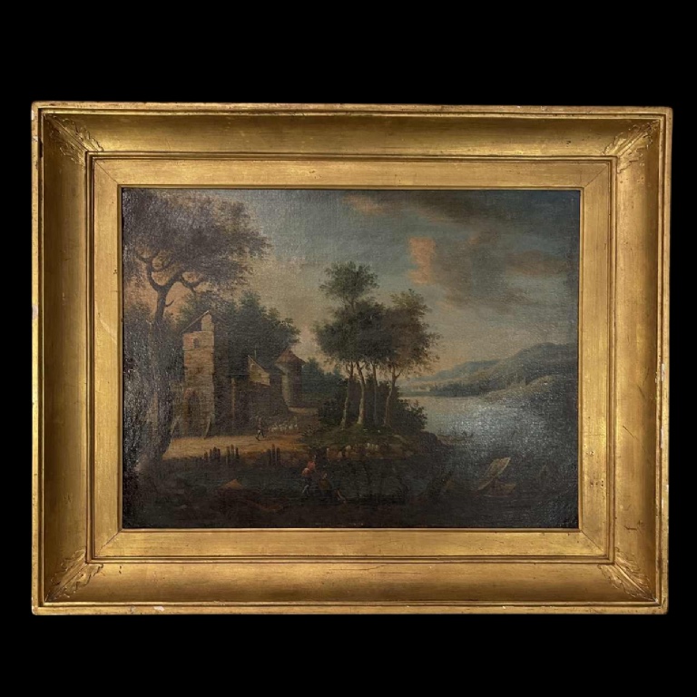 École italienne "Paysage lacustre, forêt animée de personnages" tableau huile sur toile, XVIIIe