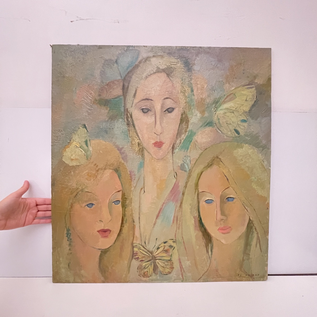 Flory Roland, Painting - Butterflies - 3 Women's Faces, Oil Painting On Panel, Ca. 1975-photo-2
