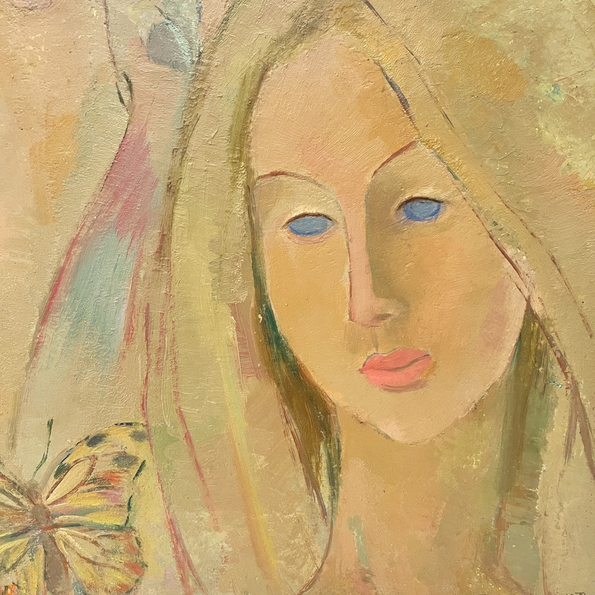 Flory Roland, Painting - Butterflies - 3 Women's Faces, Oil Painting On Panel, Ca. 1975-photo-3