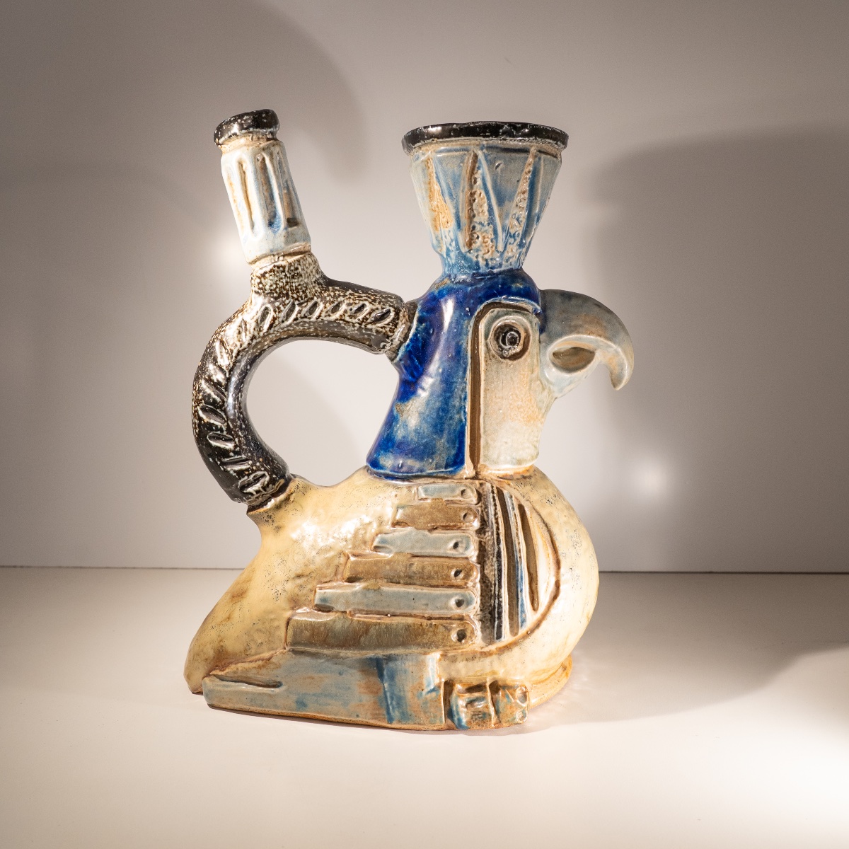Jules Guérin, vase sculpture céramique zoomorphe "oiseau inca / aztèque" grès de Bouffioulx 50'-photo-3