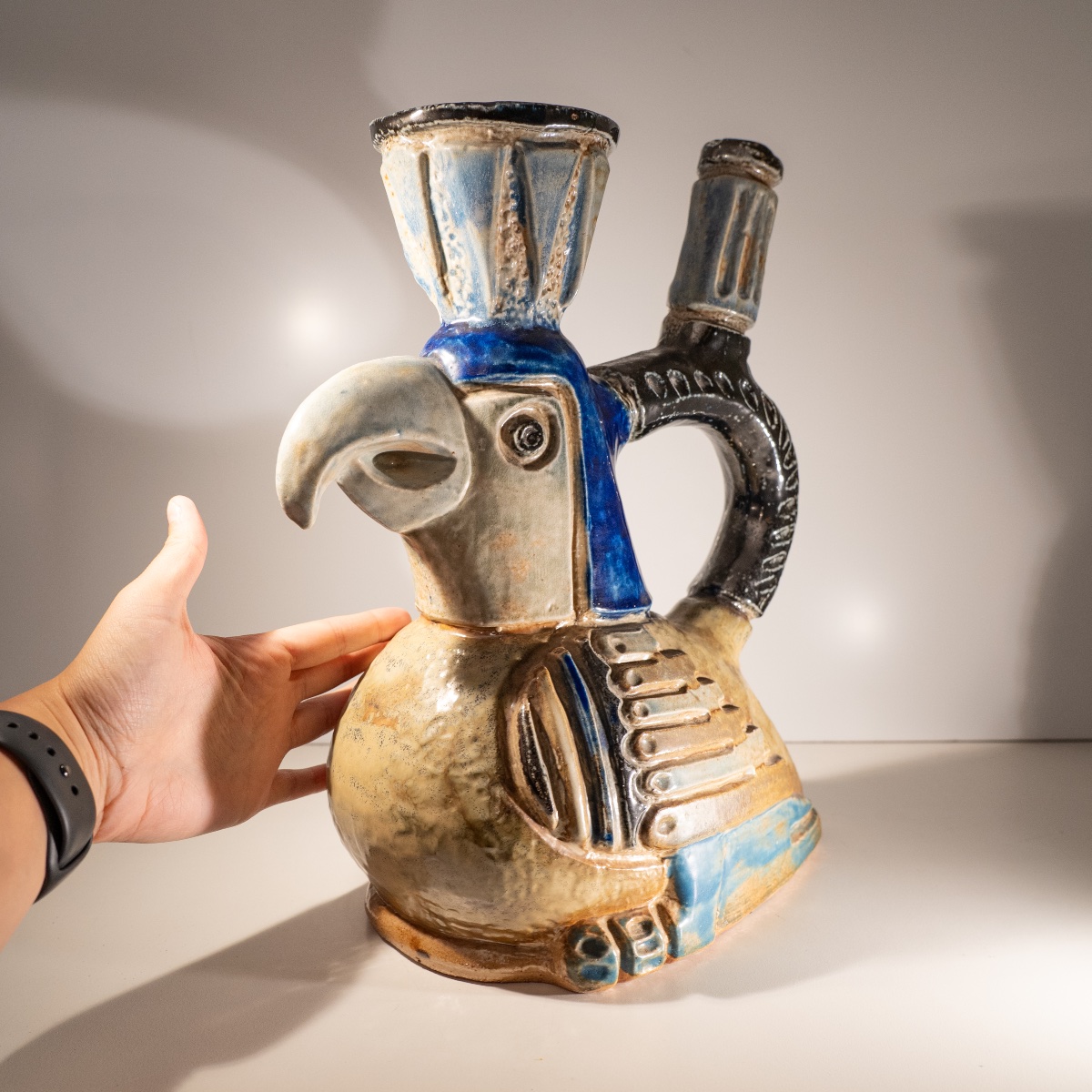Jules Guérin, vase sculpture céramique zoomorphe "oiseau inca / aztèque" grès de Bouffioulx 50'-photo-4