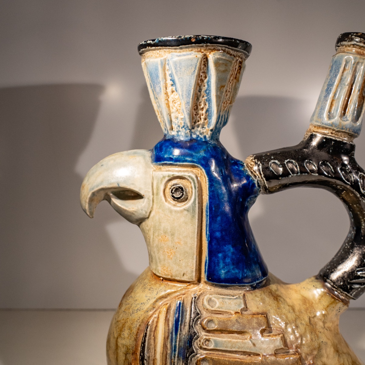 Jules Guérin, vase sculpture céramique zoomorphe "oiseau inca / aztèque" grès de Bouffioulx 50'-photo-4