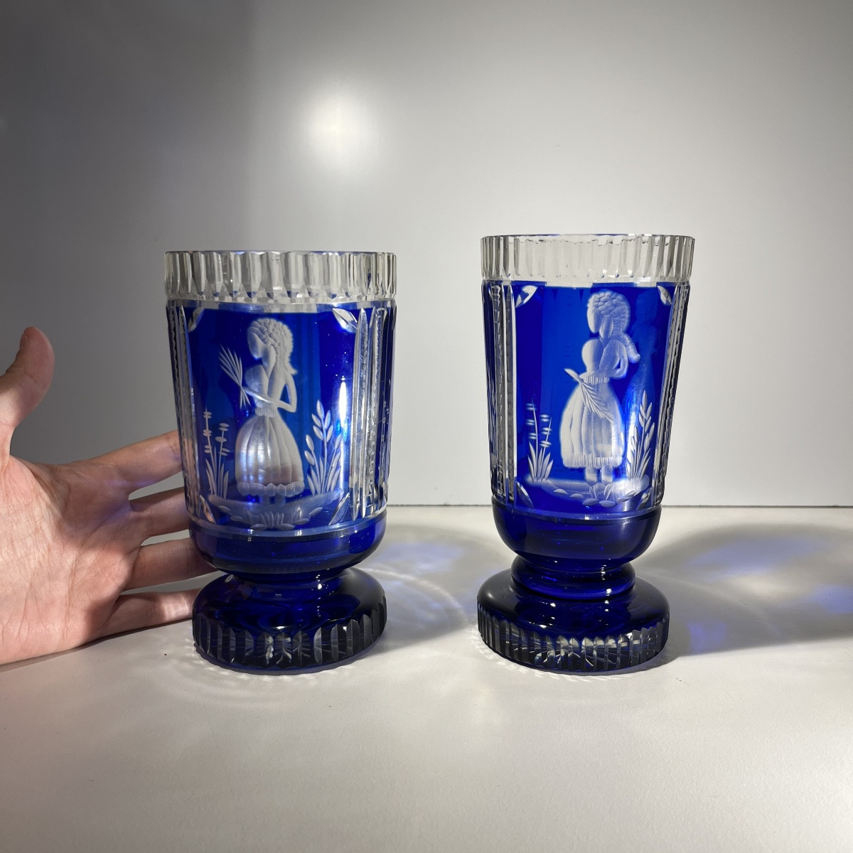 Bohemian Crystal, Set Of 2 Glasses Decorated With Elegant, Double-cut Cobalt Blue, Ca 1900-photo-2