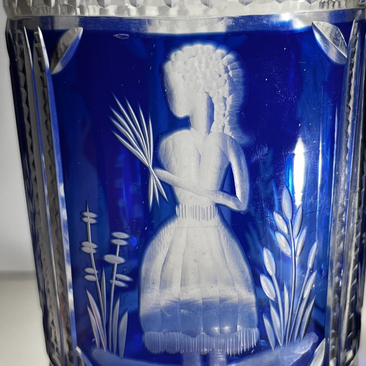 Bohemian Crystal, Set Of 2 Glasses Decorated With Elegant, Double-cut Cobalt Blue, Ca 1900-photo-4
